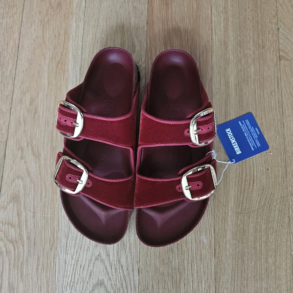 NWT! Birkenstock Arizona Big Buckle Piping Rivet Maroon Velvet Women's 9 EU 40 - Picture 2 of 4